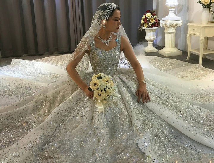 Oriental Luxury Heavily Beaded Sparkly Train Wedding Gown