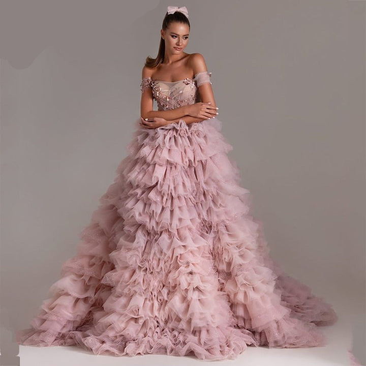 PEONY<br>Elegant Pink Tiered Crystal Beading Off-the-Shoulder Sequined A-Line Bridal Gown
