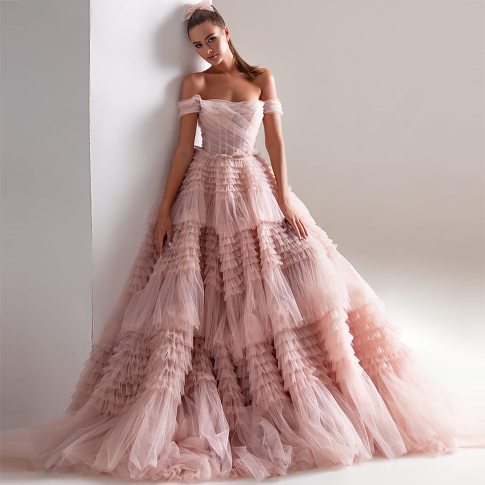 MIRAH<br>Dusty Pink Sweetheart Neckline Off-the-Shoulder Tiered Crumpled Long Tulle A-Line Wedding Dress