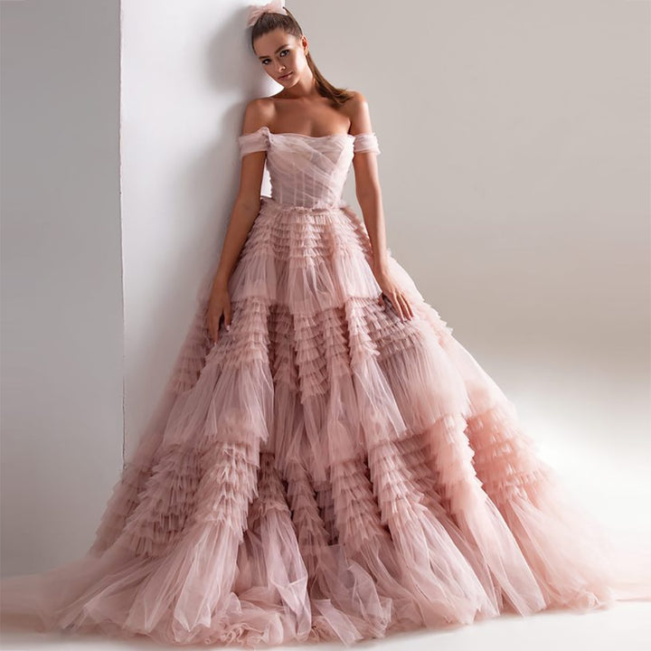 MIRAH<br>Dusty Pink Sweetheart Neckline Off-the-Shoulder Tiered Crumpled Long Tulle A-Line Wedding Dress