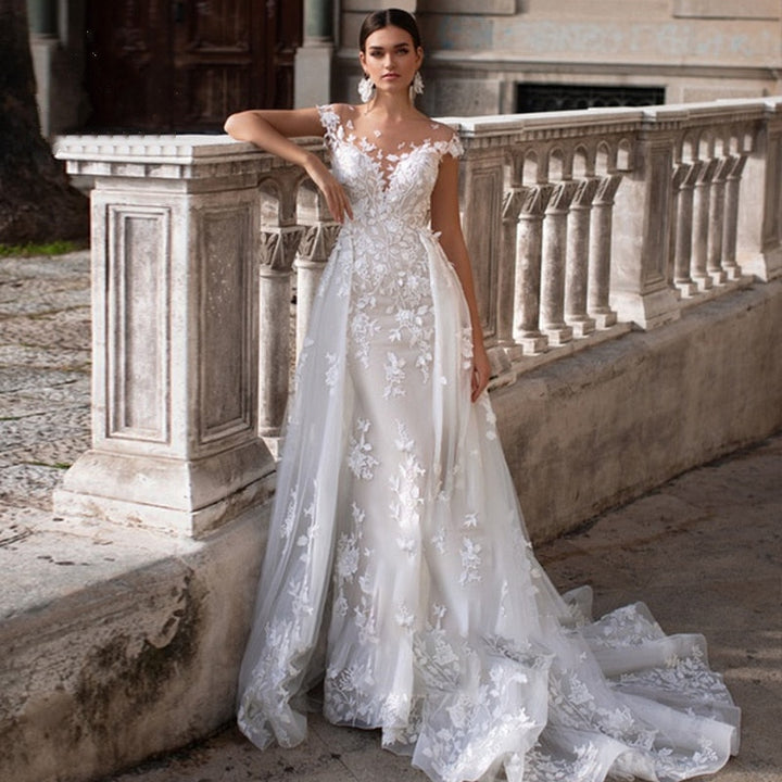 Sweetheart Neckline 2 in 1 Detachable Train Mermaid Appliqué Bridal Gown