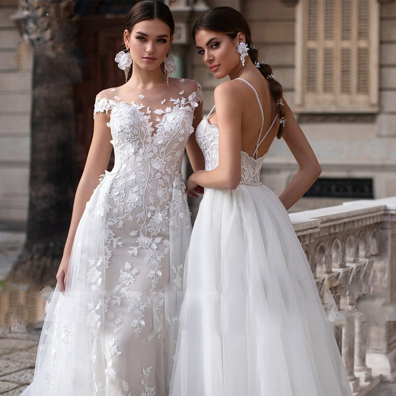 Sweetheart Neckline 2 in 1 Detachable Train Mermaid Appliqué Bridal Gown