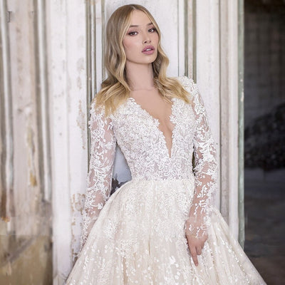 Romantic V-neck Long Sleeve Beaded Lace Wedding Dress with Flowers Appliqué