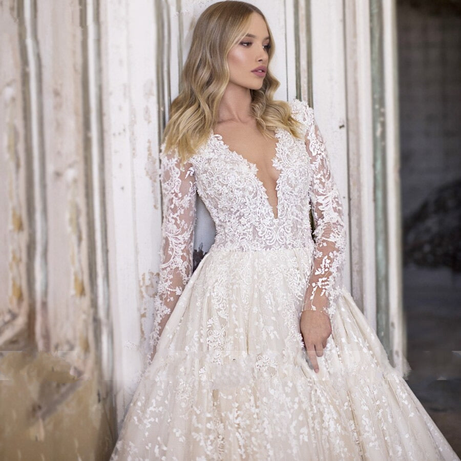 Romantic V-neck Long Sleeve Beaded Lace Wedding Dress with Flowers Appliqué