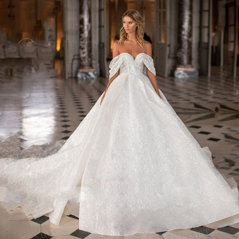Shiny Sweetheart Neckline Off-the-Shoulder A-Line Train Bridal Gown