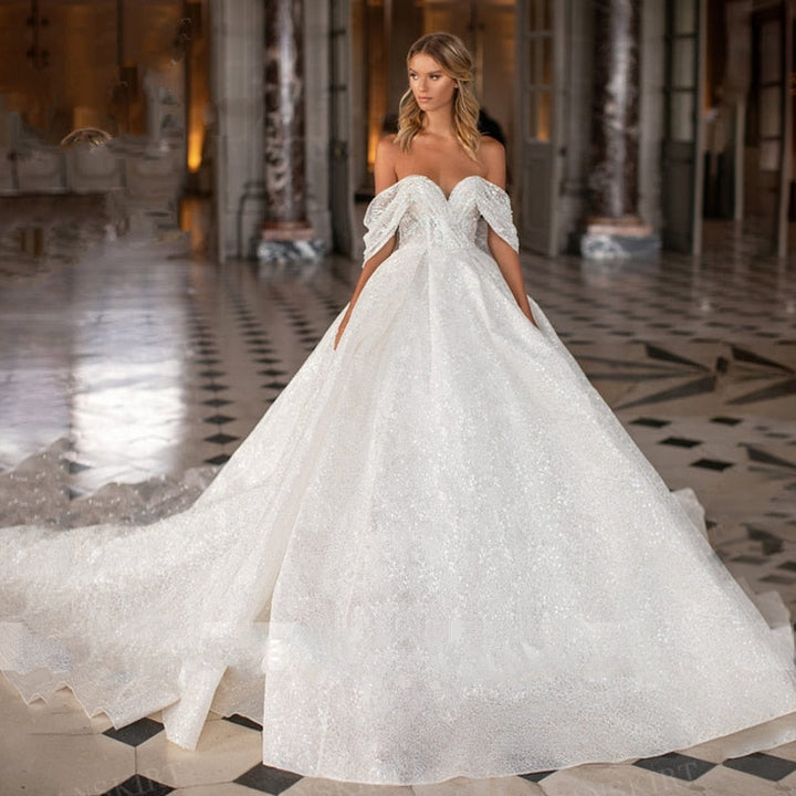 Shiny Sweetheart Neckline Off-the-Shoulder A-Line Train Bridal Gown