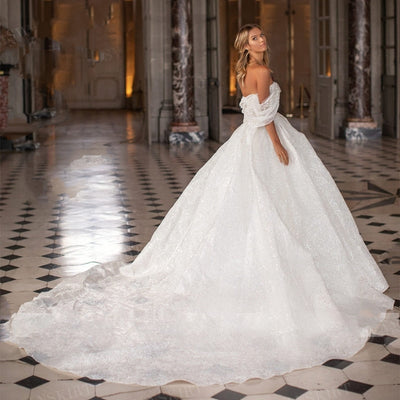 Shiny Sweetheart Neckline Off-the-Shoulder A-Line Train Bridal Gown
