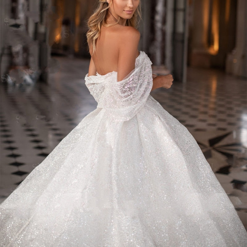 Shiny Sweetheart Neckline Off-the-Shoulder A-Line Train Bridal Gown