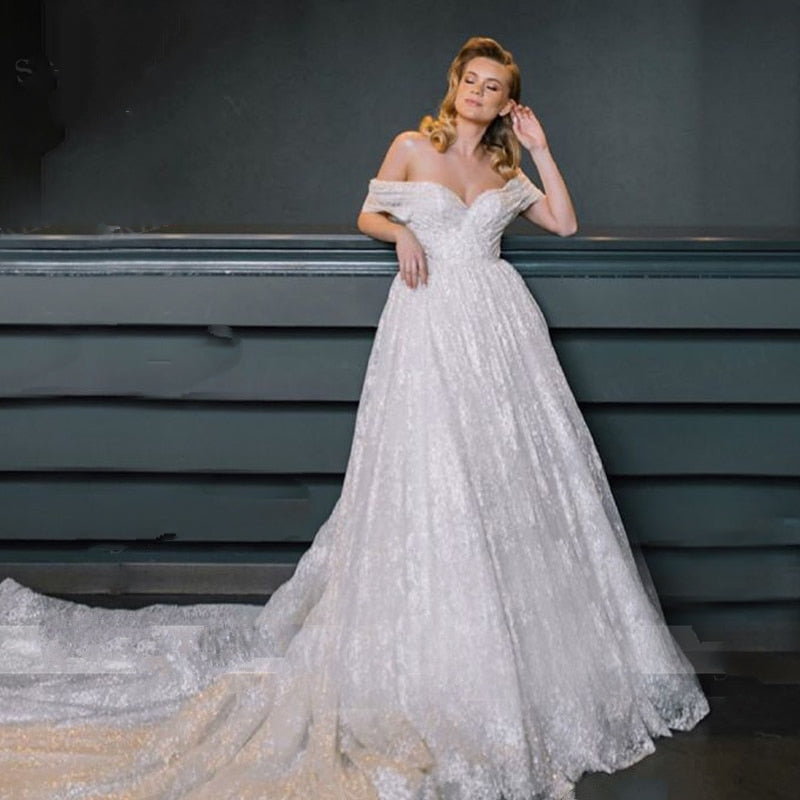 Shiny Sweetheart Neckline Off-the-Shoulder A-Line Train Bridal Gown