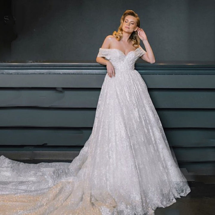 Shiny Sweetheart Neckline Off-the-Shoulder A-Line Train Bridal Gown