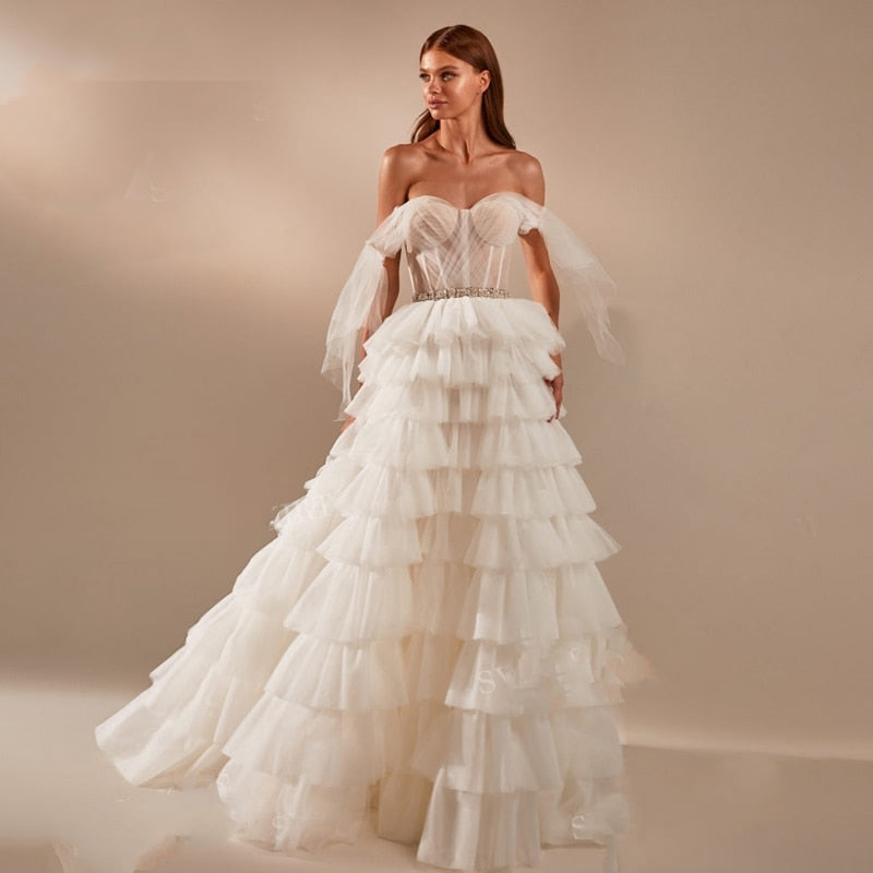 INGRID<br>Romantic Tulle Tiered Crystal Belt A-Line Court Train Illusion Wedding Dress