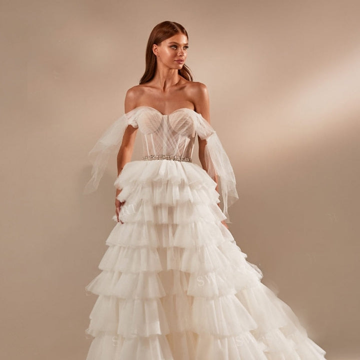 INGRID<br>Romantic Tulle Tiered Crystal Belt A-Line Court Train Illusion Wedding Dress