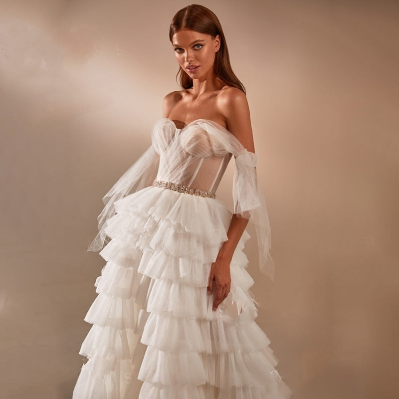 INGRID<br>Romantic Tulle Tiered Crystal Belt A-Line Court Train Illusion Wedding Dress