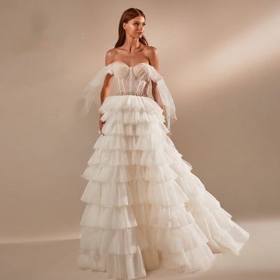 INGRID<br>Romantic Tulle Tiered Crystal Belt A-Line Court Train Illusion Wedding Dress