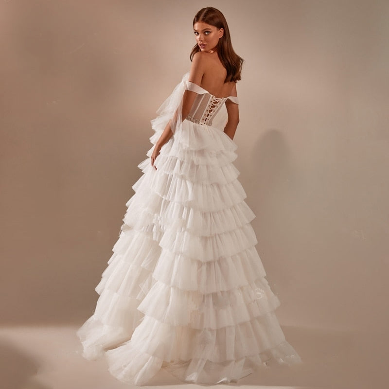 INGRID<br>Romantic Tulle Tiered Crystal Belt A-Line Court Train Illusion Wedding Dress