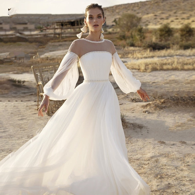 Barzelai Simple Wedding Dress Floor Length, Boho Wedding Dress, Long Sleeve Dress, Jewelry Belt V Neck Dress, Casual Wedding Dress, Modern Wedding