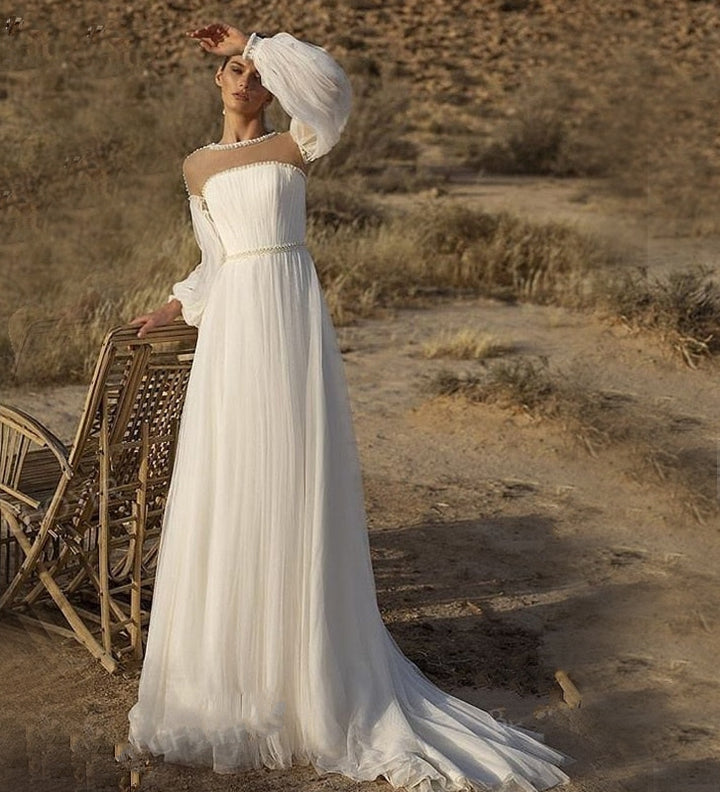 IZOLTE<br>Beaded Illusion Long Sleeve A-Line Boho Style Crystal Belt Court Train Wedding Dress