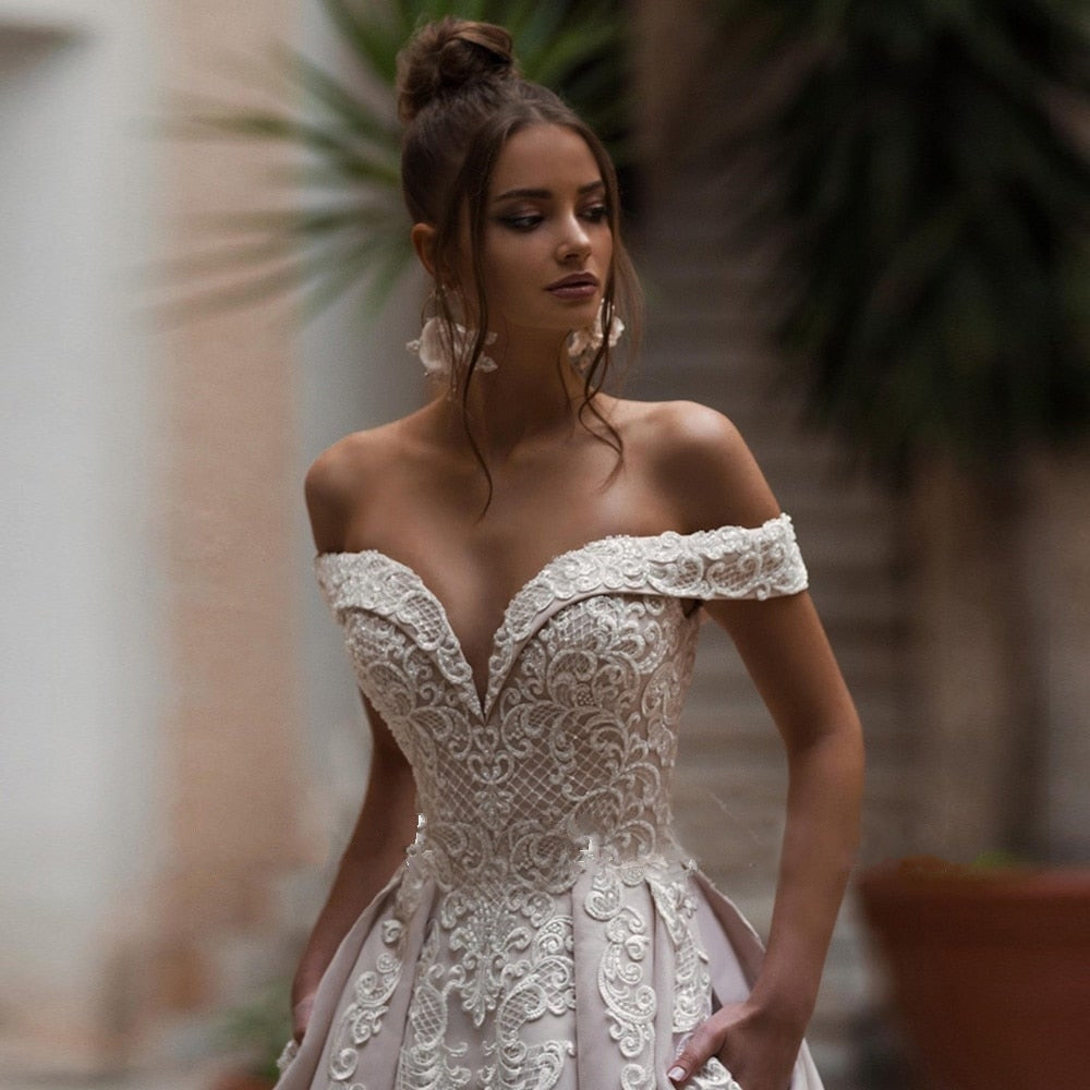 CHARLOTTE<br>Vintage Style Beaded Appliqué Off the Shoulder  Lace Up Back Bridal Gown