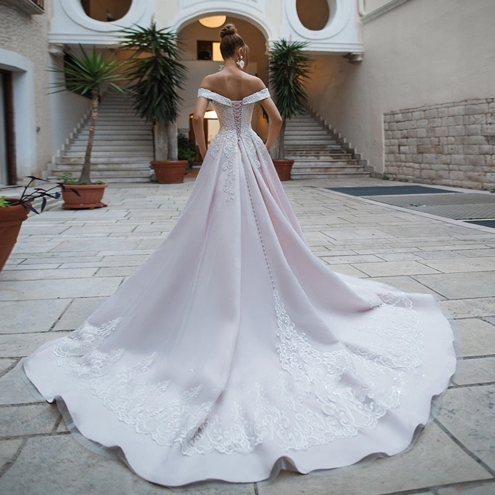 CHARLOTTE<br>Vintage Style Beaded Appliqué Off the Shoulder  Lace Up Back Bridal Gown