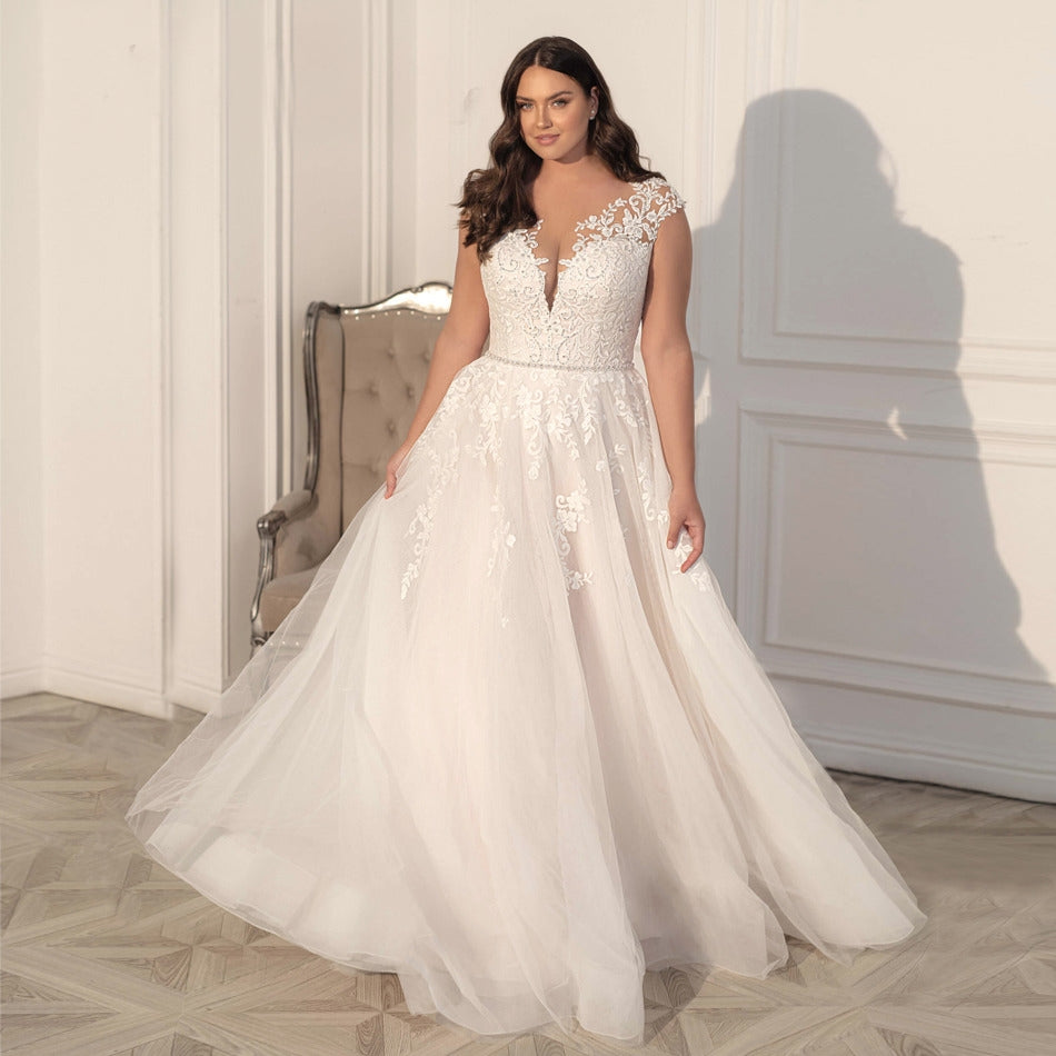 Plus Size Classic Off-the-Shoulder A-Line Beaded Appliqué Sleeveless Lace-Up Wedding Dress