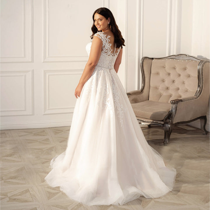 Plus Size Classic Off-the-Shoulder A-Line Beaded Appliqué Sleeveless Lace-Up Wedding Dress