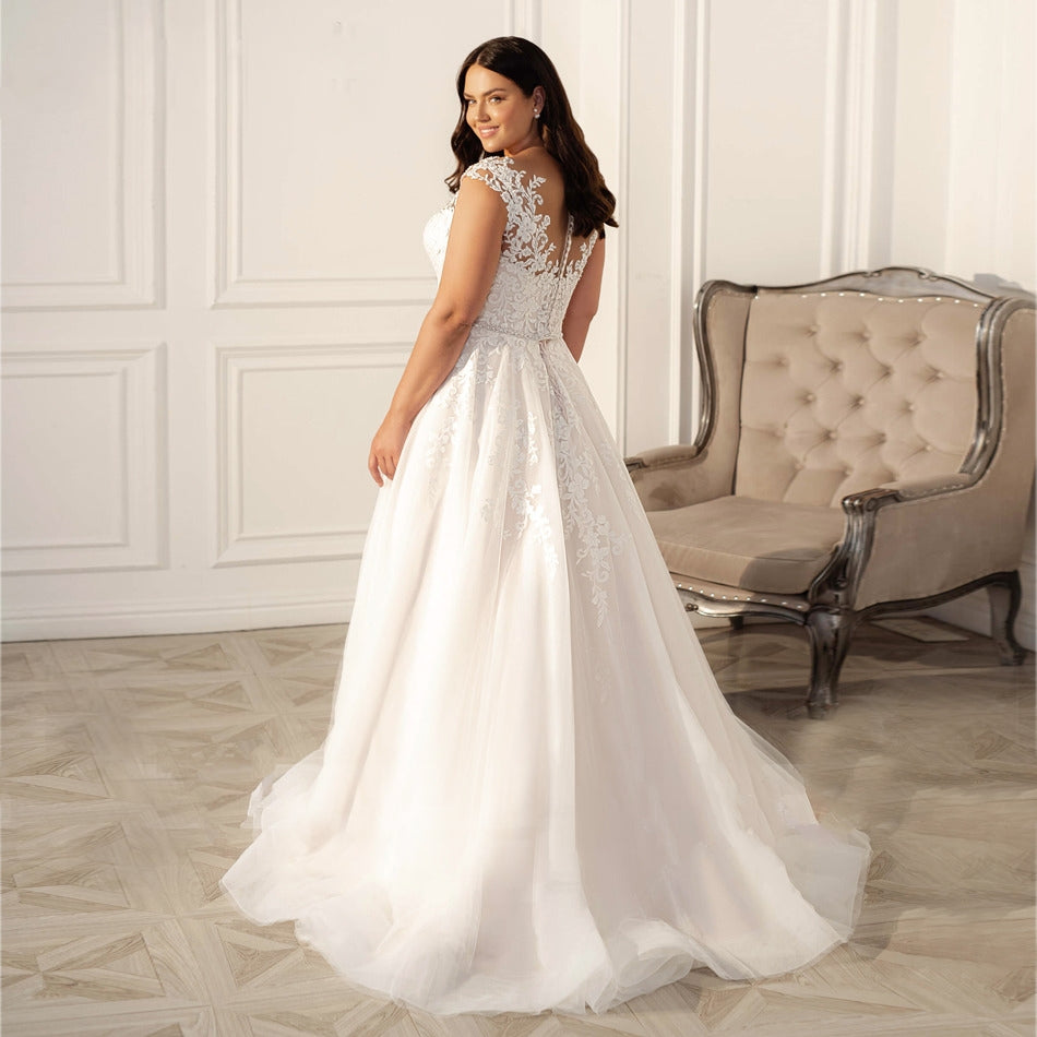 Plus Size Classic Off-the-Shoulder A-Line Beaded Appliqué Sleeveless Lace-Up Wedding Dress