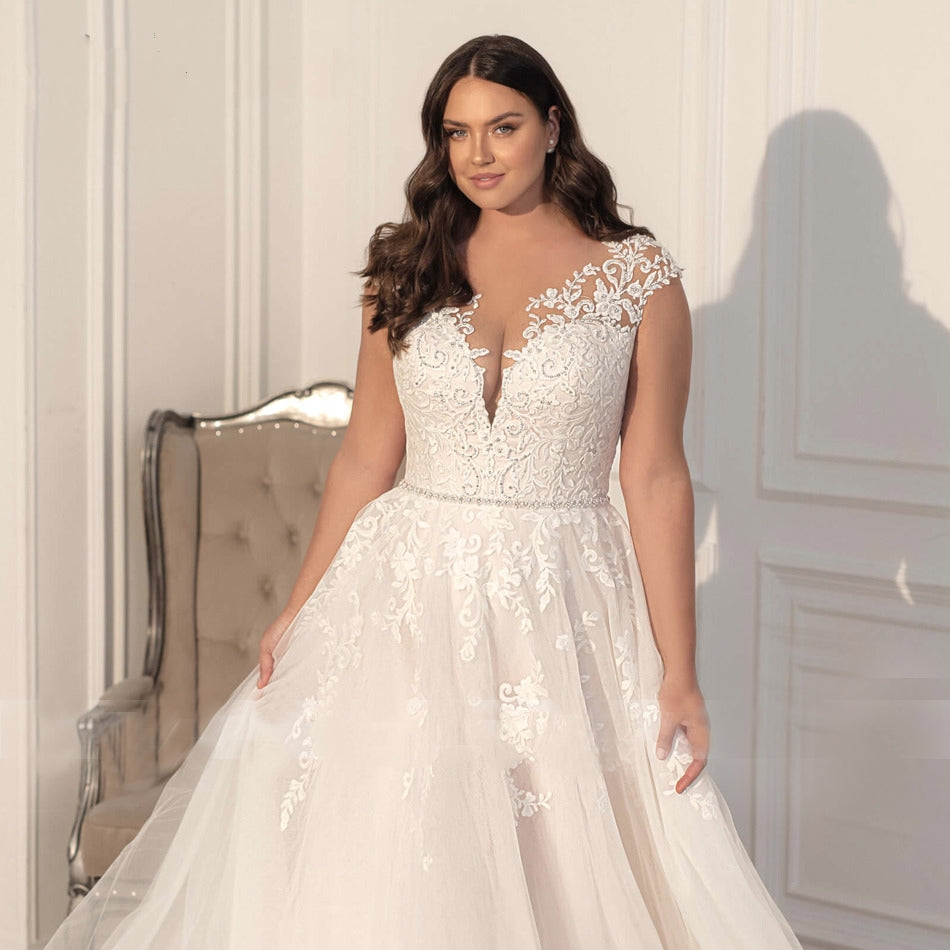 Plus Size Classic Off-the-Shoulder A-Line Beaded Appliqué Sleeveless Lace-Up Wedding Dress
