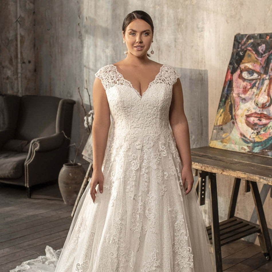 MORGAN<br>Plus Size Classic V-Neck Sleeveless A-Line Shiny Appliqué Backless Lace-Up Wedding Gown
