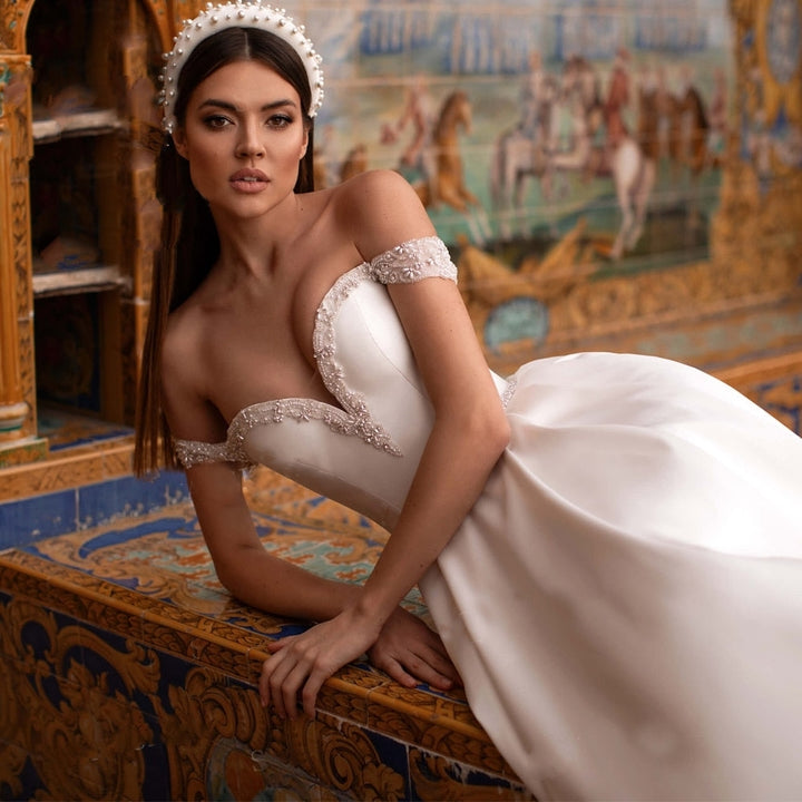 OLIVIA<br>Beaded Satin A-Line Sweetheart Neckline Sleeveless Crystal Belt Bridal Gown