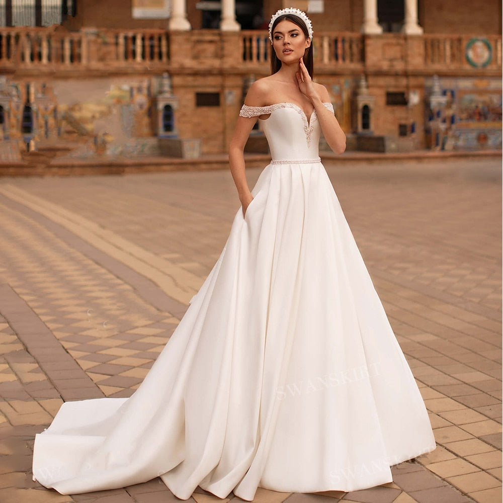 OLIVIA<br>Beaded Satin A-Line Sweetheart Neckline Sleeveless Crystal Belt Bridal Gown