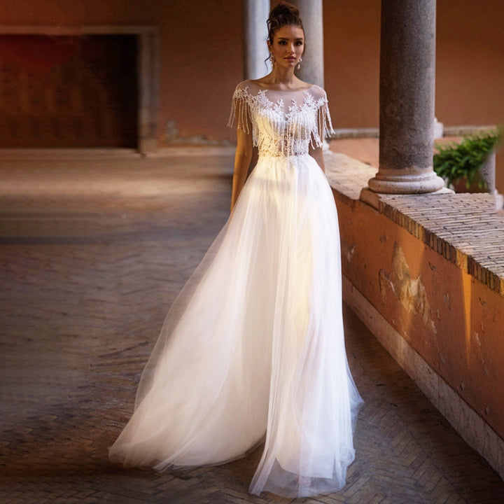 PENELOPE<br>Tasseled Beaded Appliqué Lace Scoop Neckline A-Line Tulle Illusion Bridal Gown