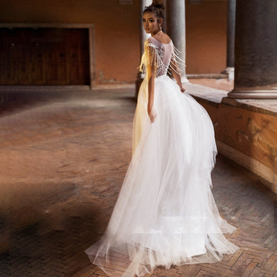 PENELOPE<br>Tasseled Beaded Appliqué Lace Scoop Neckline A-Line Tulle Illusion Bridal Gown