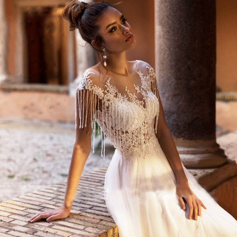 PENELOPE<br>Tasseled Beaded Appliqué Lace Scoop Neckline A-Line Tulle Illusion Bridal Gown