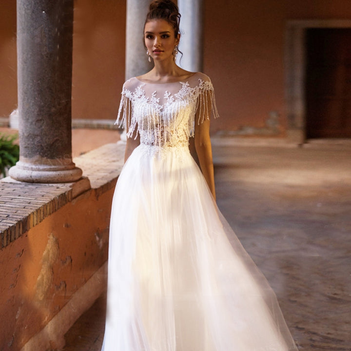 PENELOPE<br>Tasseled Beaded Appliqué Lace Scoop Neckline A-Line Tulle Illusion Bridal Gown