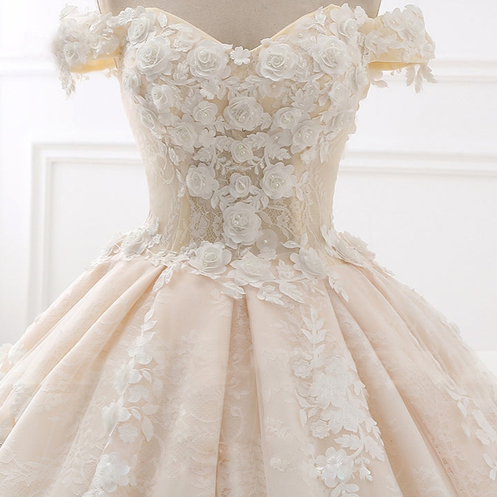 Royal Train Sweetheart Neckline Flower Appliqué and Lace Vintage Style Ball Gown Bridal Dress