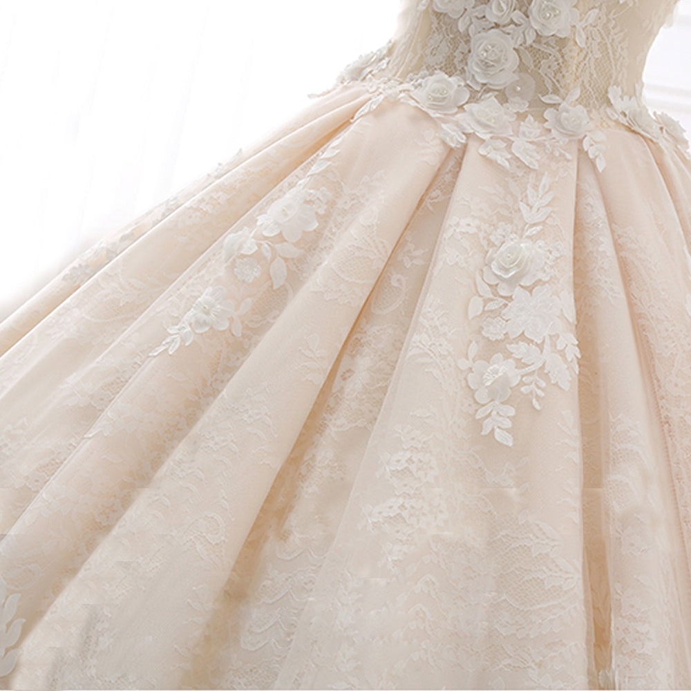 Royal Train Sweetheart Neckline Flower Appliqué and Lace Vintage Style Ball Gown Bridal Dress
