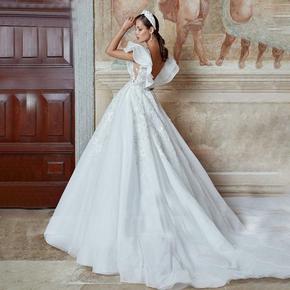 MARGARET<br>4.9 ft (150 cm) Train Luxury A-Line V-Neck Backless Beaded Lace Appliqué Bridal Gown