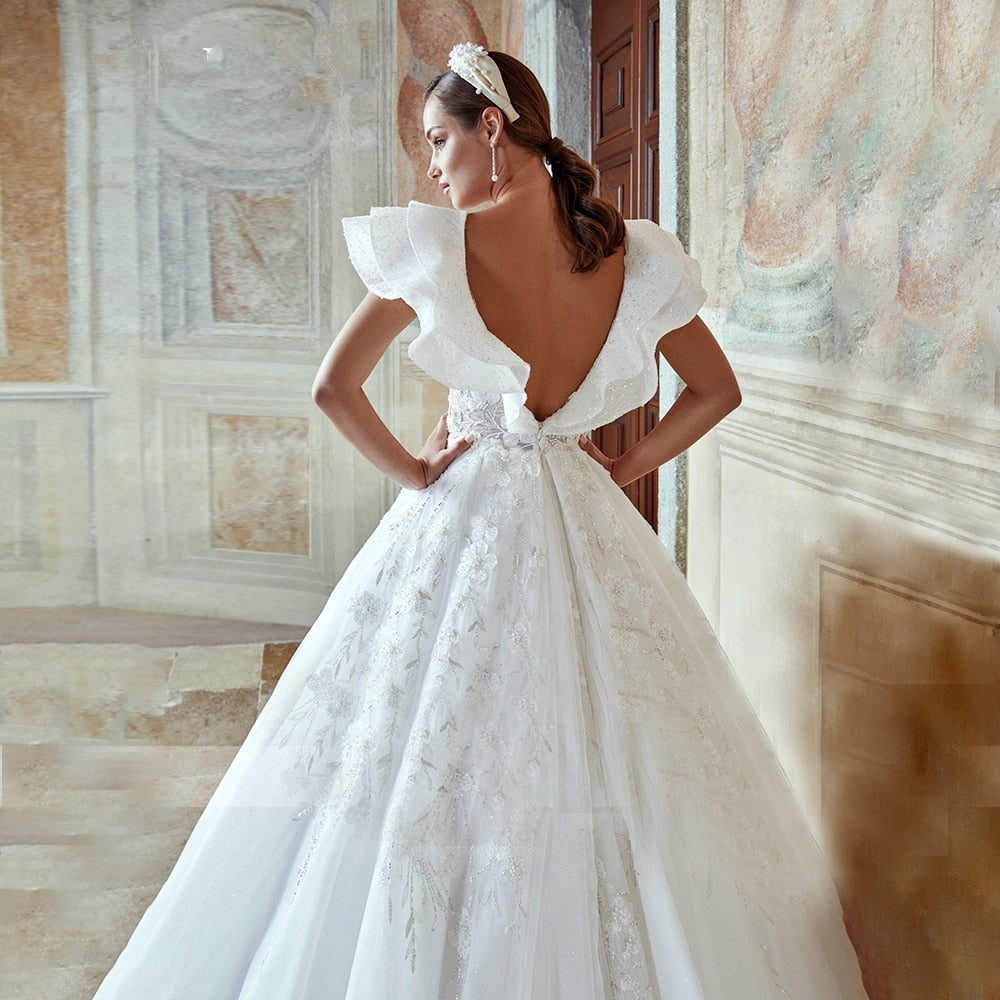 MARGARET<br>4.9 ft (150 cm) Train Luxury A-Line V-Neck Backless Beaded Lace Appliqué Bridal Gown