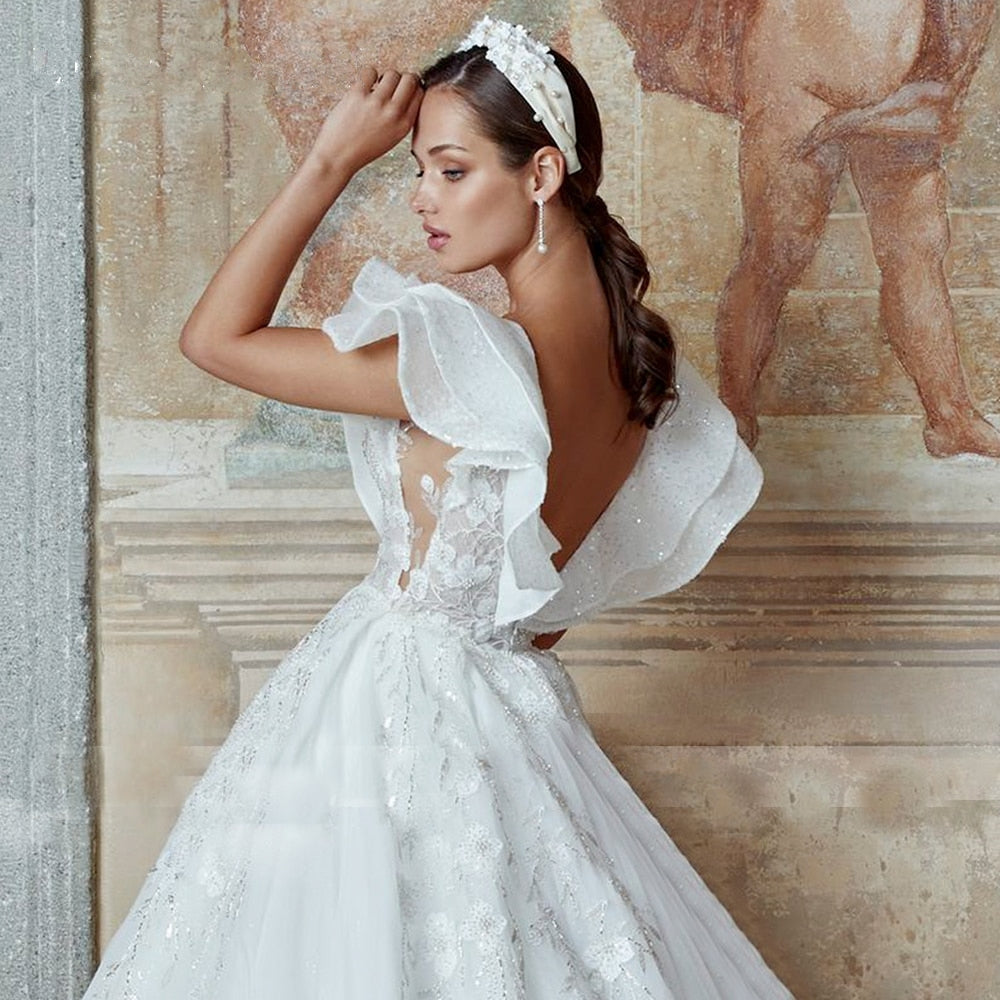 MARGARET<br>1.6 ft. (50 cm) Train Luxury A-Line V-Neck Backless Beaded Lace Appliqué Bridal Gown