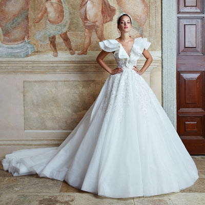 MARGARET<br>3.2 Ft. (100 cm) Train Luxury A-Line V-Neck Backless Beaded Lace Appliqué Bridal Gown