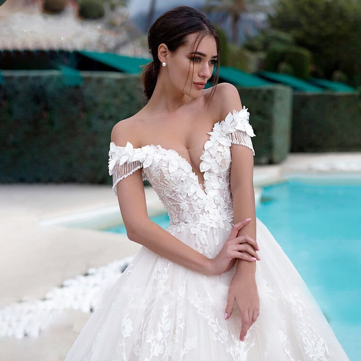 Off-the-Shoulder Beaded Flowers and Tassels Bridal Lace-Up Princess Ball Gown Wedding Dress