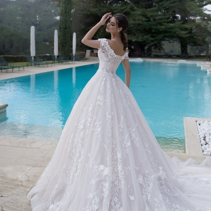 Off-the-Shoulder Beaded Flowers and Tassels Bridal Lace-Up Princess Ball Gown Wedding Dress