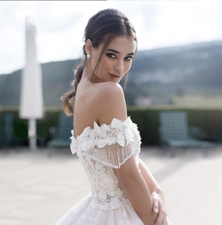 Off-the-Shoulder Beaded Flowers and Tassels Bridal Lace-Up Princess Ball Gown Wedding Dress