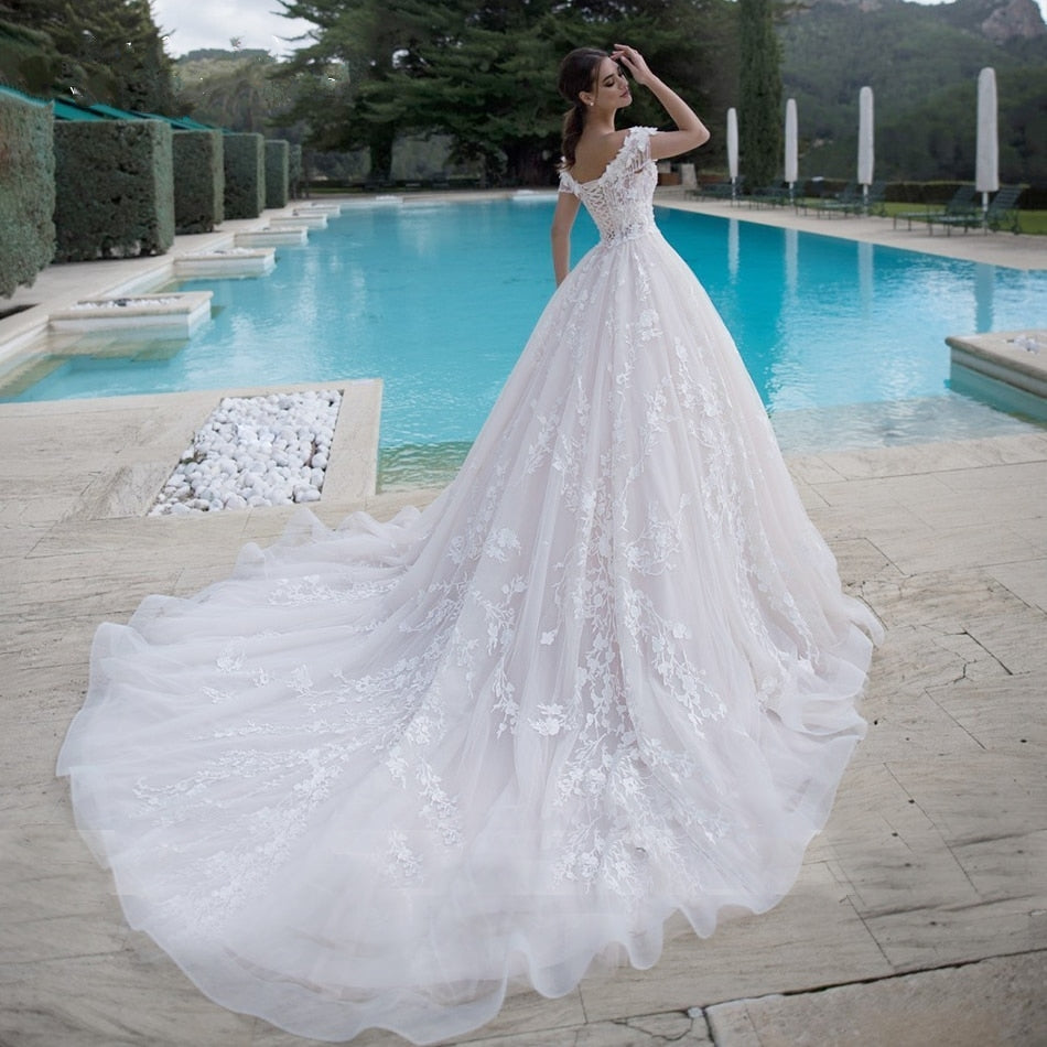 Off-the-Shoulder Beaded Flowers and Tassels Bridal Lace-Up Princess Ball Gown Wedding Dress