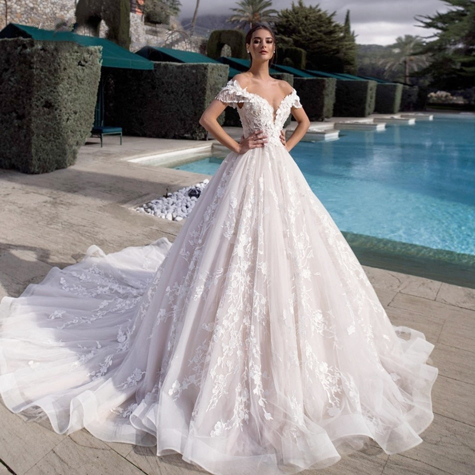 Off-the-Shoulder Beaded Flowers and Tassels Bridal Lace-Up Princess Ball Gown Wedding Dress