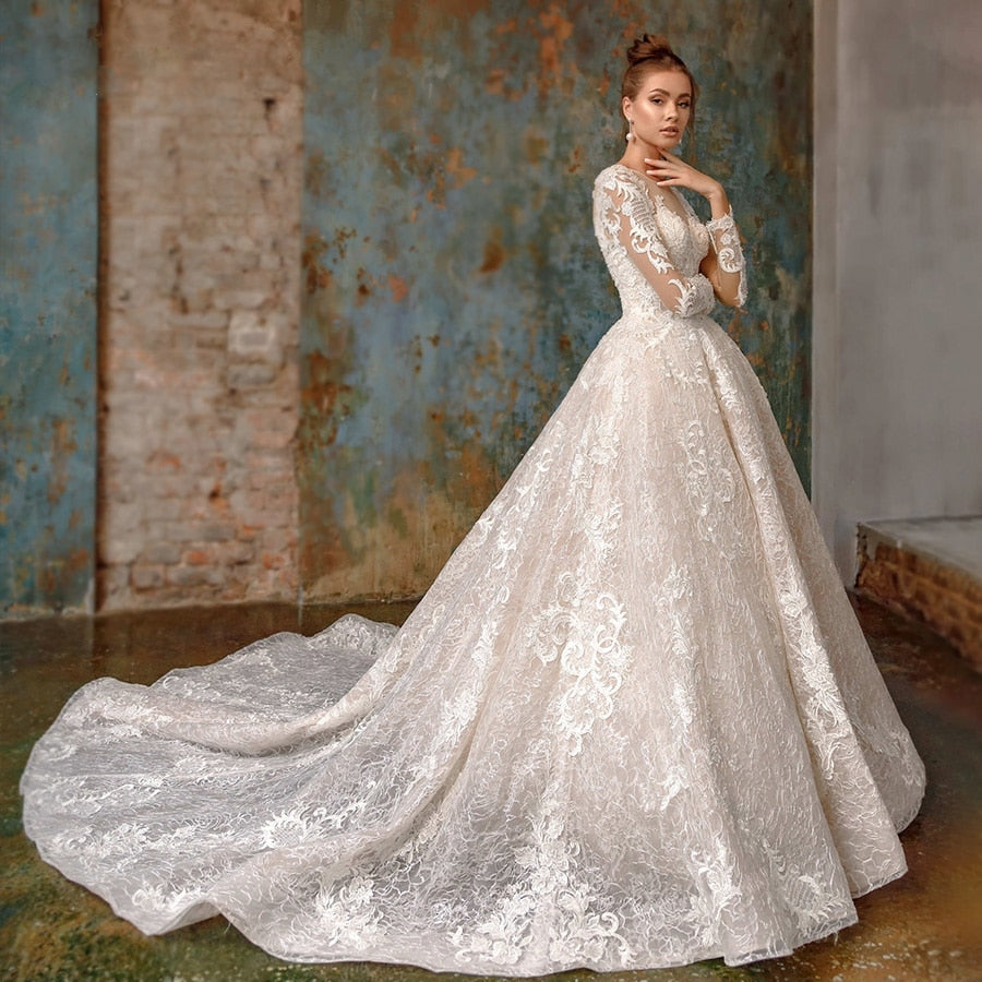 ROBERTA<br>Long Sleeve Elegant Scoop Neckline Beaded Lace-Up A-Line Bridal Dress