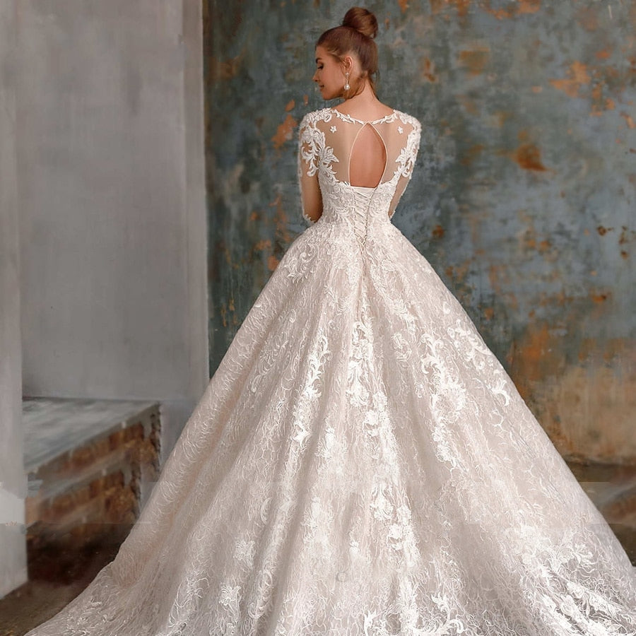 ROBERTA<br>Long Sleeve Elegant Scoop Neckline Beaded Lace-Up A-Line Bridal Dress