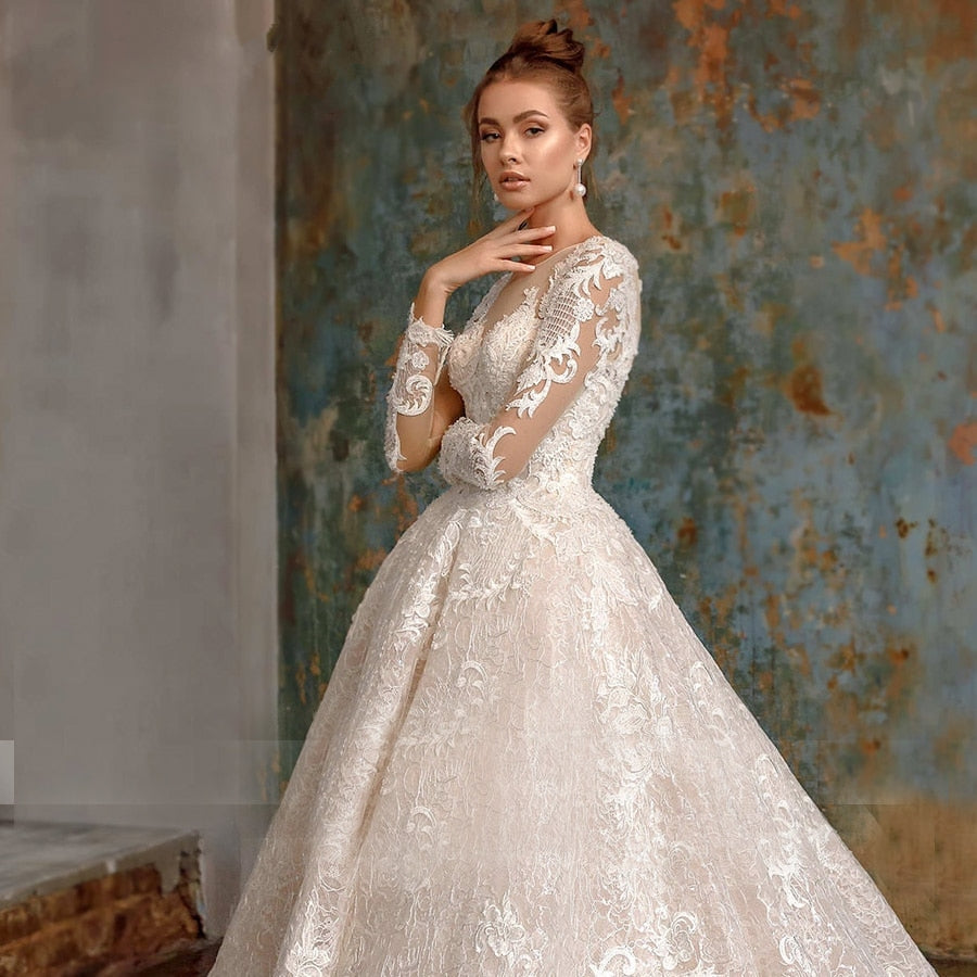 ROBERTA<br>Long Sleeve Elegant Scoop Neckline Beaded Lace-Up A-Line Bridal Dress