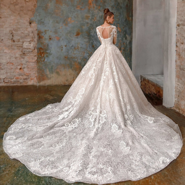 ROBERTA<br>Long Sleeve Elegant Scoop Neckline Beaded Lace-Up A-Line Bridal Dress