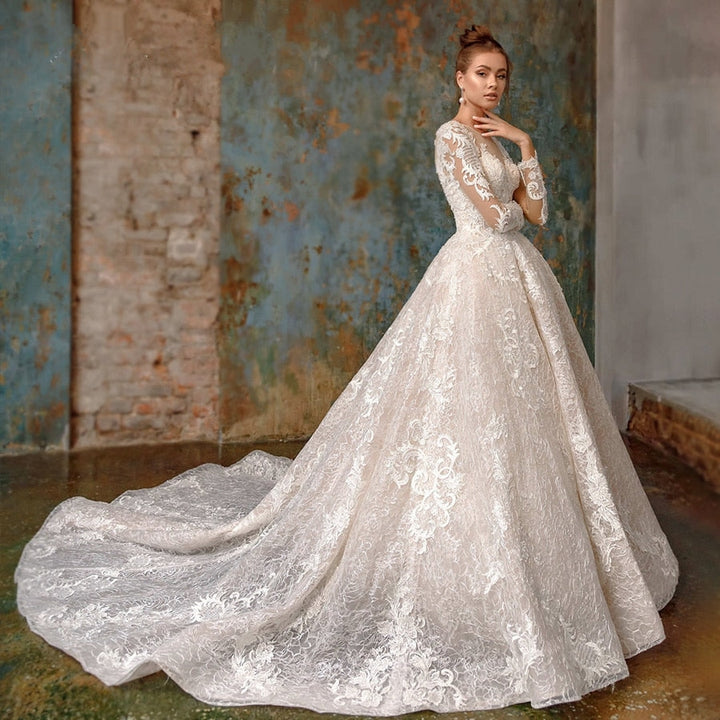 ROBERTA<br>Long Sleeve Elegant Scoop Neckline Beaded Lace-Up A-Line Bridal Dress